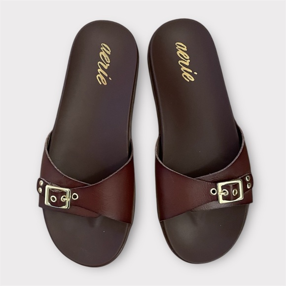 AERIE Brown Statement Gold Detail Buckle Slide Sandals in Rich Mahogany Brown 9 - Picture 2 of 3